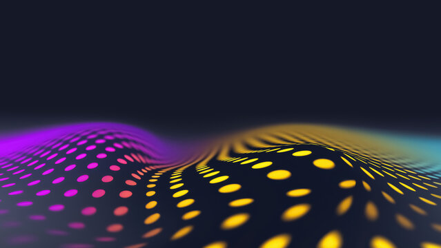 Abstract multiwave terrain background with neon dots and copy space