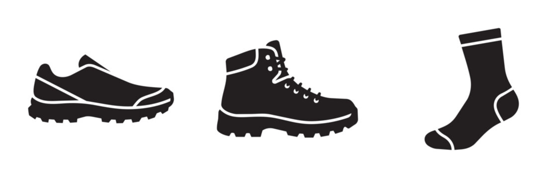 Footwear Collection: Hiking Boots, Running Shoes, and Socks, Black Silhouette Icons for Outdoor Activities, Sports, and Travel Gear