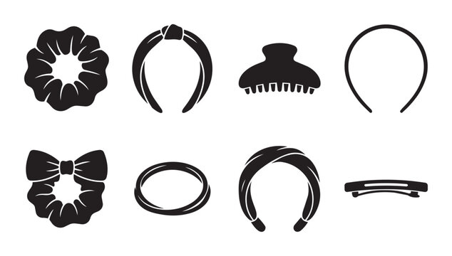 Vector Hair Accessories Collection, Black Silhouettes of Scrunchies, Headbands, Claw Clips, and Barrette for Styling and Fashion
