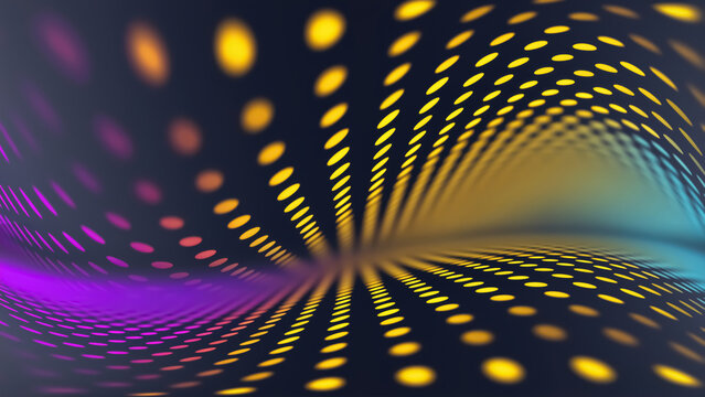 Abstract twisted wave pattern of glowing yellow and purple dots with bokeh effect