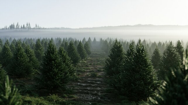Forest landscape with trees in the morning light near a misty area