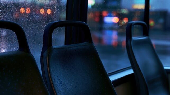 Rain on a bus window with blurred city lights visible during the evening