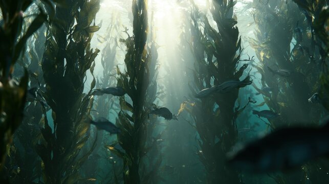 Underwater scene showing fish swimming among kelp in a coastal environment