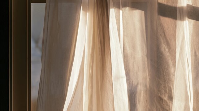 Light filters through sheer curtains in a room at sunrise creating a soft glow on the walls