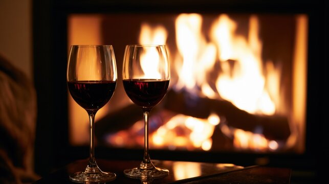 Warm evening with red wine glasses by a fireplace in a cozy setting