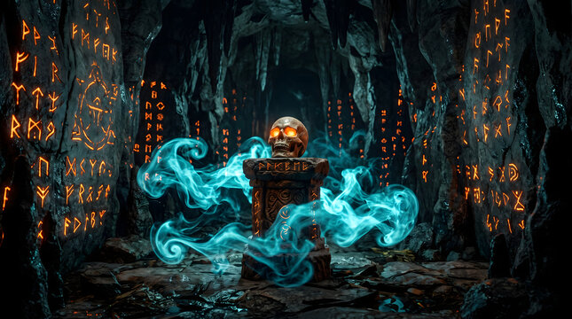 Glowing skull on ancient stone altar in dark mystical cave with runic inscriptions