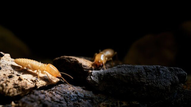 Termites crawling on wood in a dark environment in a natural habitat during the daytime