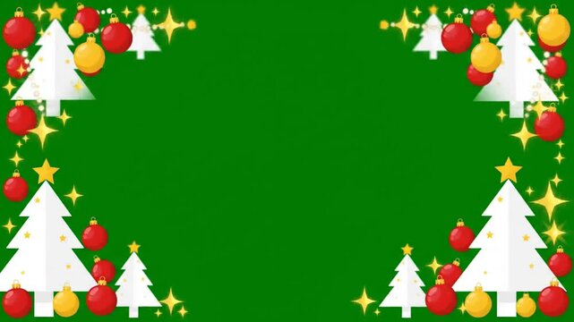Animated Christmas frame motion background featuring white pine trees, red baubles and glowing gold stars on green screen for holiday video editing projects and seasonal content.