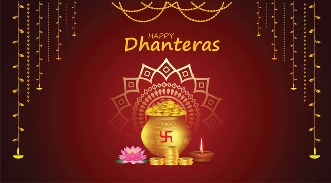 Happy Dhanteras Festival Poster With Golden Kalash, Diyas, Lotus And Traditional Decorations vector poster