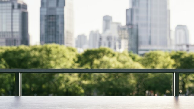 City view from balcony with modern buildings and green trees during the day