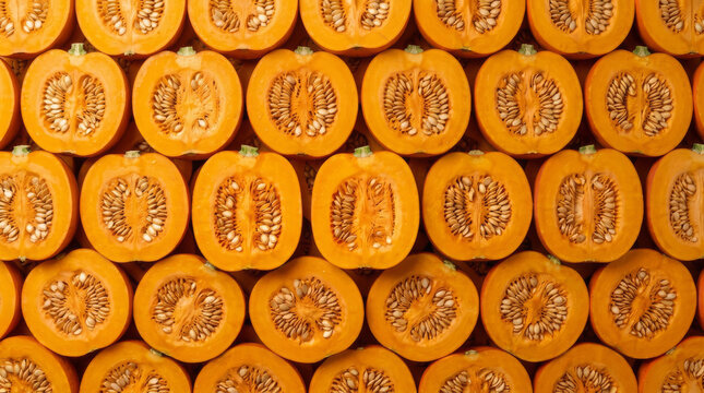 Halved Fresh Giant Pumpkins Showing Seeds and Flesh Background Pattern
