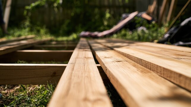 Wooden planks laid out in a backyard for construction during bright daylight hours