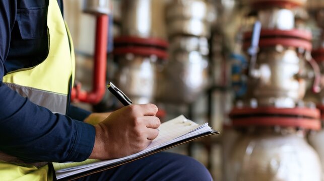 Worker in yellow safety vest takes notes at industrial site during day