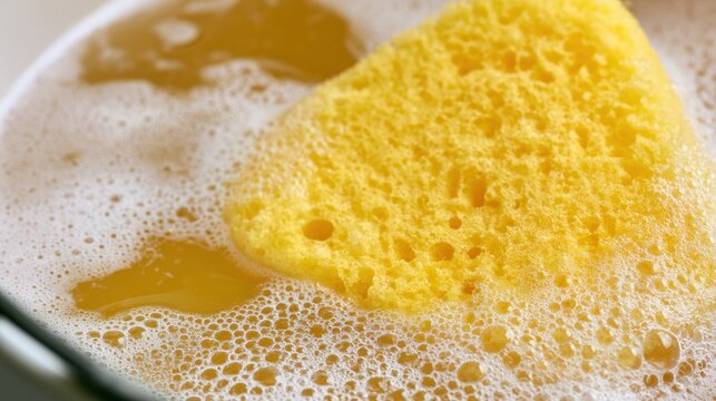 Sponge sitting in a bowl of soapy water during cleaning process at home
