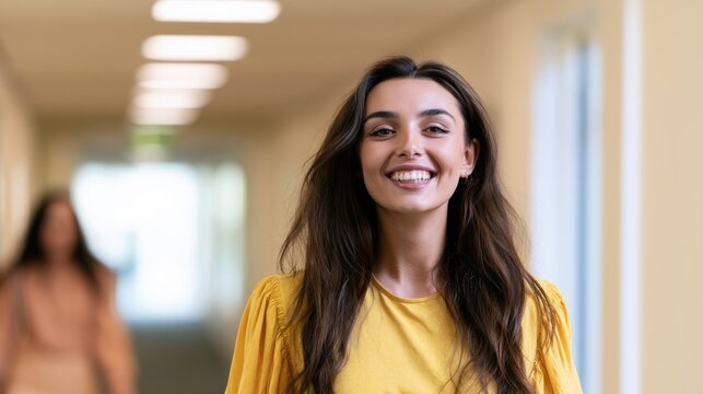 Woman smiles while walking in a hallway with another person slightly blurred in the background