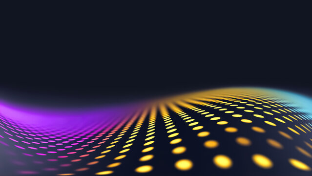Abstract wavy surface of glowing yellow and purple neon dots on a dark background
