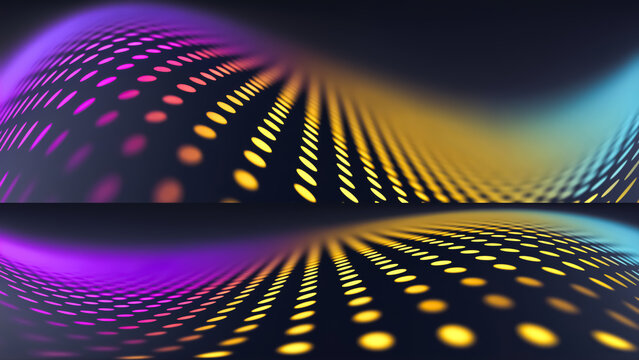 Abstract banners set with glowing yellow and purple neon dot wave patterns