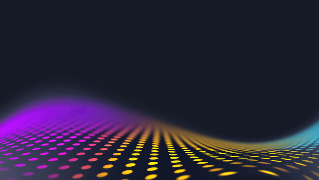 Abstract wavy background with neon dots gradient and dark upper copy space