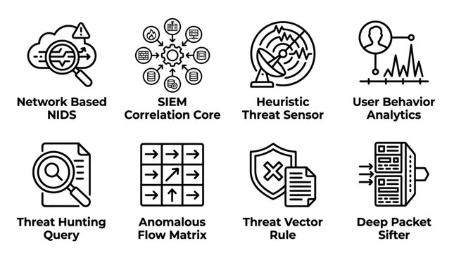 Cybersecurity and network monitoring infrastructure line icons representing threat detection siem correlation heuristic sensors user analytics threat hunting deep packet inspection with cybersecurity