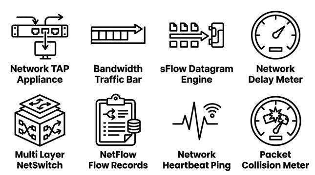 Network engineering and diagnostic line icon set including tap appliances bandwidth traffic bars datagram engines delay meters multilayer switches flow records heartbeat monitors with engineering