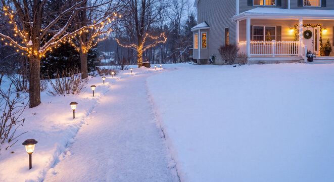 A picturesque pathway covered in fresh white snow is warmly illuminated by small ground lanterns leading toward a suburban home in winter dusk.