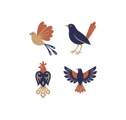 Fototapeta premium Scandinavian Folk Art Bird Collection with Four Decorative Colorful Birds