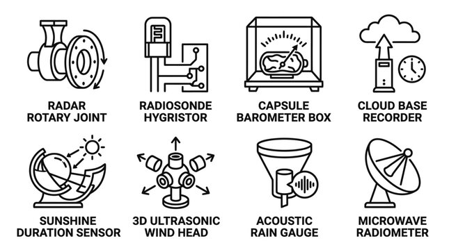Collection of meteorological and atmospheric remote sensing equipment line icons for climate research with meteorology monitoring atmosphere radiometer barometer research forecast technology