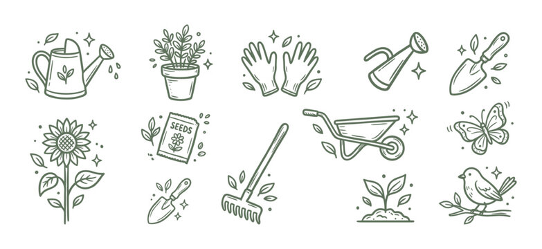 Gardening Icons Vector Set Hand Drawn Doodle Green Line Art