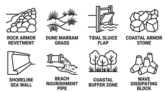 Collection of coastal protection and erosion control icons with protection shoreline revetment nourishment dissipating infrastructure engineering environment construction management industry