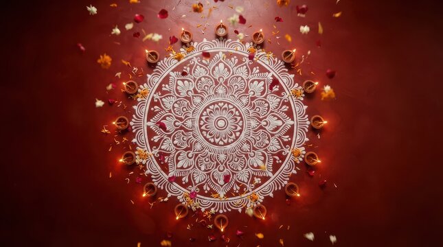 Traditional Indian Rangoli pattern with diyas and flower petals on a dark red background diwali festival