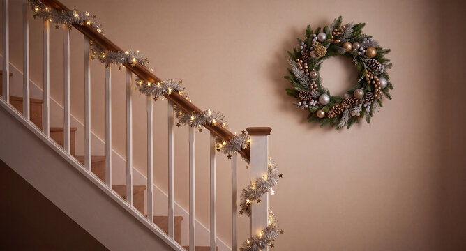 A bright indoor wooden staircase leading upward is festively decorated with lush pine garland delicate string lights and a natural holiday wreath hanging on the adjacent wall