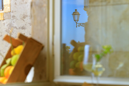 breakfast morning vintage art style window glass reflection with street lantern fruit box