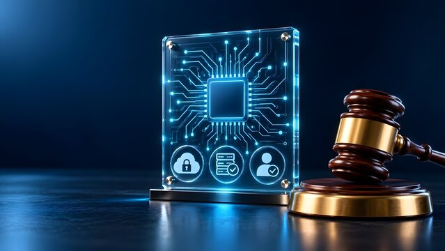 Judge Gavel with Glowing Data Privacy Chip for Cyber Law