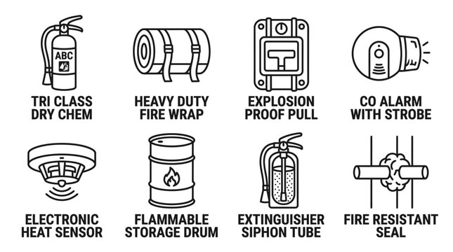 Set of fire safety equipment and suppression system line art icons including fire extinguisher heat sensor and storage drum with equipment suppression protection emergency extinguisher explosion