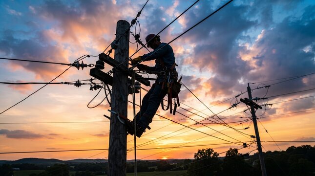 Silhouette of Electrical Lineman Working High Up on Utility Pole at Sunset