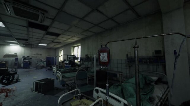 Abandoned ward with cracked partition walls and scattered medical gear, investigative tone with visible signs of wear and collapse, faded posters and broken