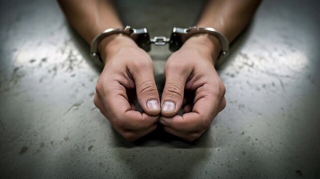 Man with handcuffs on his wrists. Criminal under arrest held in custody. Justice system investigation and legal punishment for lawbreaking, theft, and illegal activity.