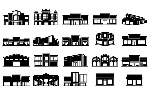 Collection of commercial store and shop building silhouettes for retail design with store silhouette