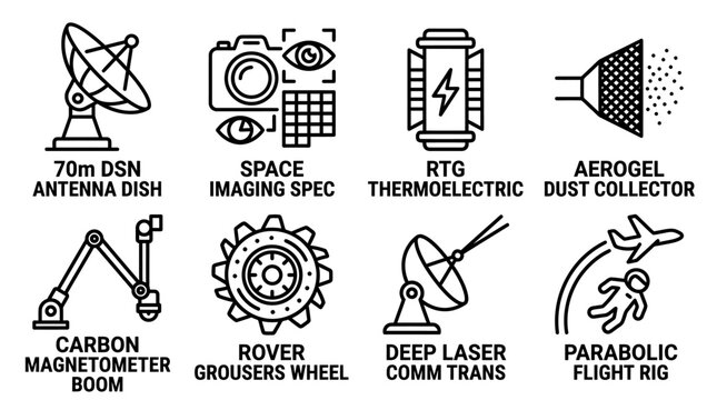 Set of aerospace exploration and space science technology icons with aerospace exploration technology thermoelectric collector magnetometer parabolic satellite communication astronaut