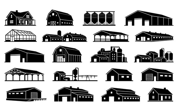 Set of black silhouette farm buildings and barns collection vector illustration with barn silhouette