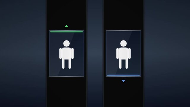 Digital animation shows stick figure human icons traveling up and down inside two vertical elevator shafts on a dark background.