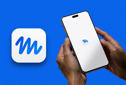 Two Hands Gripping a Smartphone with Meta Muse AI App Icon Beside an Enlarged Rounded Square Logo on Cobalt Blue