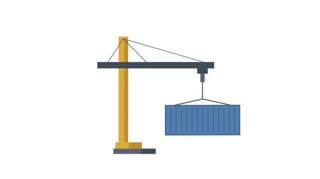 Industrial harbor crane lifts a blue shipping container against a clean white background.