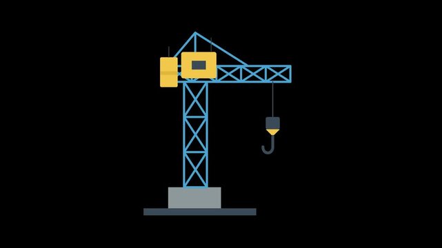 Flat 2D animated construction tower crane with a lifting hook isolated on a black background.