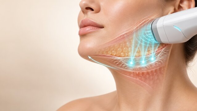 Woman receiving an anti aging cosmetic treatment targeting the jawline and neck, showing internal skin layers and energy waves