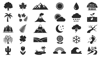 Obraz premium A set of 30 solid black silhouette icons featuring nature, landscapes, trees, leaves, weather, and the environment.