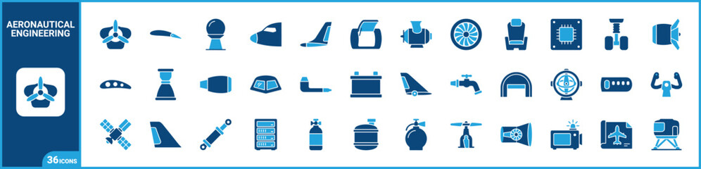 Fototapeta premium Aeronautical engineering icons vector filled duotone set for aviation mechanics aircraft design technology aerospace industry