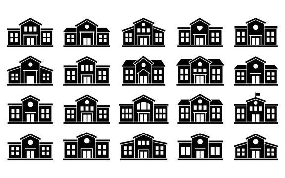 Collection of school and government building icons in black silhouette style with school buildings