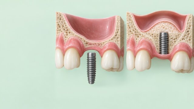 Dental implant procedure showing screw insertion in jaw bone for teeth replacement and sinus lift concept