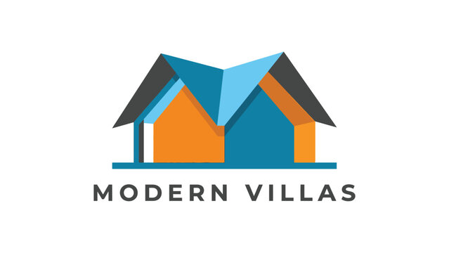 Modern villa logo with geometric blue and orange house shapes, concept for contemporary real estate branding, ideal for property development agencies and luxury accommodation marketing.